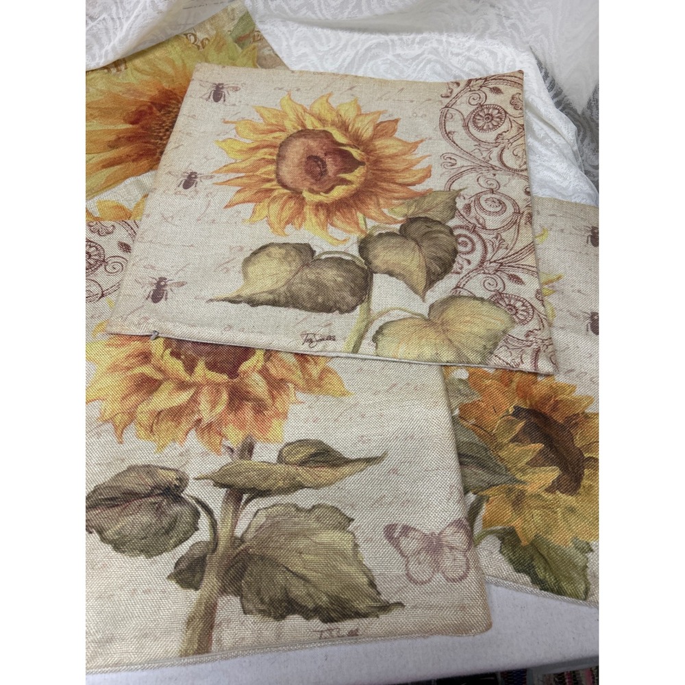 Set of 5 French Country Sunflower Bee Linen Pillow Covers 18x18 Farmhouse Decor - Picture 2 of 7